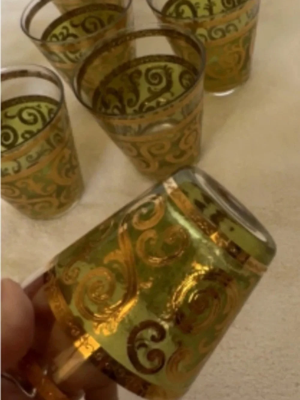 Vintage Culver Toledo 22K Gold Green Rocks Glasses Set of 6 MCM Barware